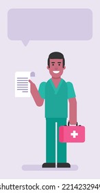 Enfermera sosteniendo maleta y documento. Gente plana. Ilustración del vector