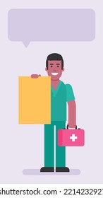 Krankenpfleger, die einen Koffer und ein leeres Schild halten. Flache Leute. Vektorgrafik
