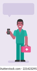 Nurse Man Holding Suitcase And Mobile Phone. Flat People. Vector Illustration