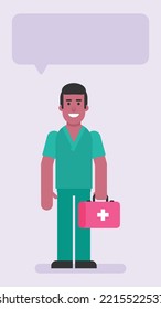 Nurse man holding suitcase and smiles. Flat people. Vector illustration