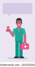 Nurse man holding suitcase and tablets. Flat people. Vector illustration