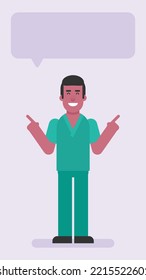 Nurse man pointing fingers at and smiles. Flat people. Vector illustration