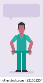 Nurse man shows empty pockets and upset. Flat people. Vector illustration