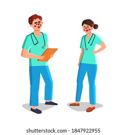 Nurse Man And Woman Medical Workers Talking Vector. Nurse Young Boy Holding Patient Medical Card And Stethoscope Speaking With Girl. Characters Hospital Employees Flat Cartoon Illustration