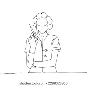 A nurse in a mask and cap with a syringe in her hand. Therapeutic injection. International Nurses Day. One line drawing for different uses. Vector illustration.