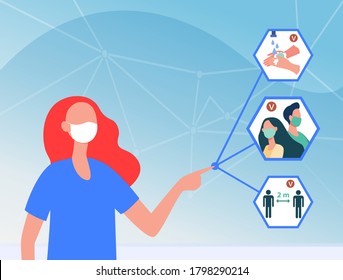 Nurse in mask pointing at protective tips during pandemic. Virus, hygiene, distance flat vector illustration. Medicine and coronavirus concept for banner, website design or landing web page