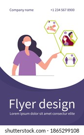 Nurse in mask pointing at protective tips during pandemic. Virus, hygiene, distance flat vector illustration. Medicine and coronavirus concept for banner, website design or landing web page