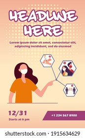 Nurse in mask pointing at protective tips during pandemic. Virus, hygiene, distance flat vector illustration. Medicine and coronavirus concept for banner, website design or landing web page