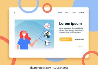 Nurse in mask pointing at protective tips during pandemic. Virus, hygiene, distance flat vector illustration. Medicine and coronavirus concept for banner, website design or landing web page