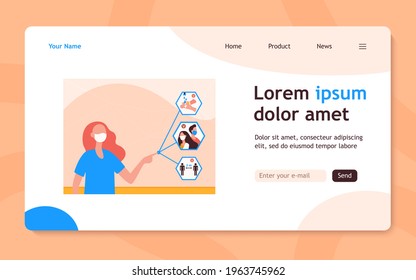 Nurse in mask pointing at protective tips during pandemic. Virus, hygiene, distance flat vector illustration. Medicine and coronavirus concept for banner, website design or landing web page