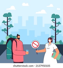 Nurse in mask showing stop sign to tourist with tickets. Safety or prevention measures from coronavirus flat vector illustration. Tourism, health concept for banner, website design or landing web page