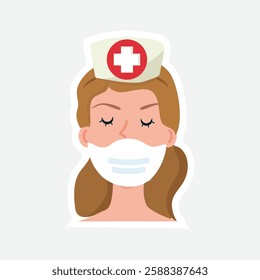 Nurse with Mask Sticker. Illustration of a nurse wearing a face mask and a cap with a red cross symbol