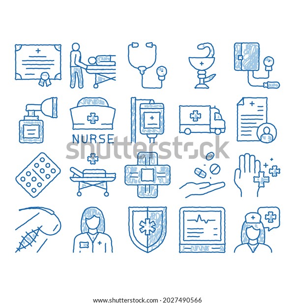 Nurse Medical Aid sketch\
icon vector. Hand drawn blue doodle line art Nurse Hat And\
Stethoscope, Pulse Cardiogram And Patch, Suturing Wounds And\
Inhaler Illustrations