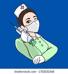Nurse in medical mask and gloves with disposable syringe (injector) in hands. First medical aid. Quarantine sign. Vaccine prophylaxis. Vector illustration.