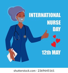Nurse in medical mask and hat. Nurse day card 12th May.  Medical occupation. Staff for people care, treatment, save of life. Modern vector