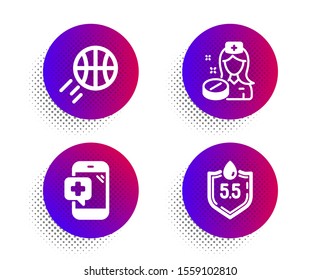 Nurse, Medical phone and Basketball icons simple set. Halftone dots button. Ph neutral sign. Medicine pill, Mobile medicine, Sport ball. Water. Healthcare set. Classic flat nurse icon. Vector