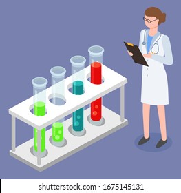 Nurse medical worker analysing test-tube in laboratory. Doctor in clinic uniform researching results of test substances poured in tubes. Woman medical consultant and set raster in test-glass vector