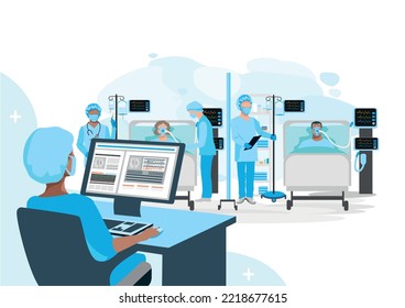 A nurse monitors the health status of patients through a monitor in a modern intensive care unit where nurses take care of the sick. Thank you nurses and doctors. Medical technology and life saving.