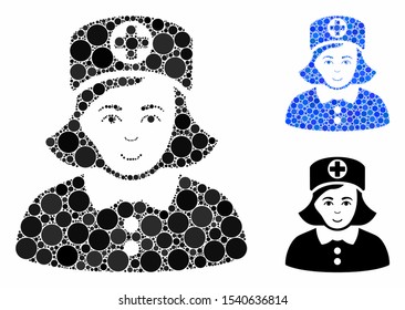 Nurse mosaic of circle elements in various sizes and color tints, based on nurse icon. Vector circle elements are united into blue mosaic. Dotted nurse icon in usual and blue versions.