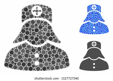 Nurse mosaic of round dots in various sizes and color hues, based on nurse icon. Vector round dots are organized into blue composition. Dotted nurse icon in usual and blue versions.
