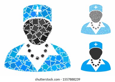 Nurse mosaic of uneven items in different sizes and color tones, based on nurse icon. Vector raggy items are combined into collage. Nurse icons collage with dotted pattern.