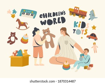 Nurse or Mother Female Character Playing with Little Kids in Playroom. Children Play with Toys in Kindergarten or Home, Family Spare Time, Mom with Baby Boy and Girl. Linear People Vector Illustration