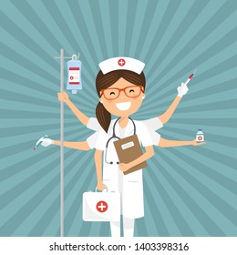 Nurse Multitasking On A Retro Background