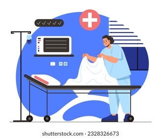 Nurse near hospital bed concept. Doctor in ward near medical stretcher. Health care and treatment of inpatients. Medicine worker and staff indoor. Cartoon flat vector illustration