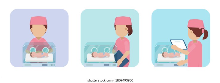 Nurse with newborn baby in incubator flat design vector illustration