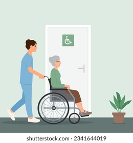 A nurse in a nursing home helps elderly patient.Elderly Care Concept. Help for seniors with disabilities. Vector illustration
