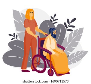 Nurse and old man on the wheel chair on the walk. Old people in the hospital. Healthcare and social advertisement illustration in the flat style. Vector element for banner or card.
