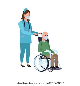 nurse with old man in wheelchair vector illustration design