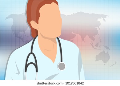 Nurse on light background with World Map. Vector Medical illustration.