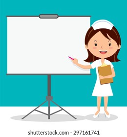 Nurse on presentation. Nurse with clipboard giving medical presentation.