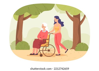 Nurse on walk with senior patient in wheelchair. Young woman helping or taking care of elder person flat vector illustration. Assistance, old age, health, disability concept for banner, website design