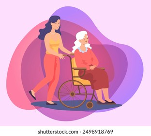 Nurse on walk with senior patient in wheelchair. Young woman helping or taking care of elder person flat vector illustration. Assistance, old age, health, disability concept for banner, website design