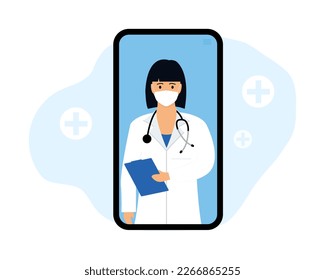 Nurse online consultation in mobile app with female doctor through phone screen. Medical online clinic, medicine and medical consultations, digital healthcare concept. Vector illustration