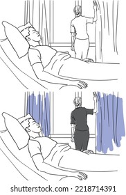Nurse Opening Curtains Physiotherapy doctor and Patient Vector Art