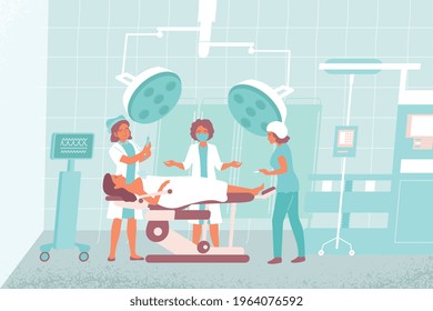 Nurse operating room composition the surgeon works in the operating room with two assistants vector illustration