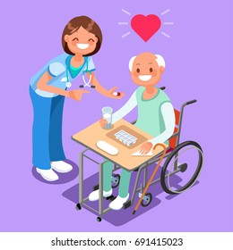 Nurse with patient in day hospital isometric hero people cartoon emotions vector facial expressions emotions face, eyes, lips, nose, images.