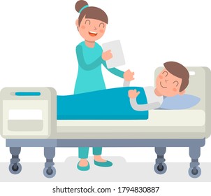 Nurse and patient. The doctor takes care of the patient. Patient support and care during illness. The doctor visits the person. Medical consultation. Help in treating the disease, hospital. 