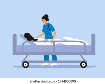 Nurse And Patient. The Doctor Takes Care Of The Patient. Patient Support And Care During Illness. The Doctor Visits The Person. Medical Consultation. Help In Treating The Disease, Hospital. 