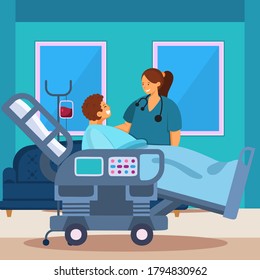 Nurse and patient. The doctor takes care of the patient. Patient support and care during illness. The doctor visits the person. Medical consultation. Help in treating the disease, hospital. 