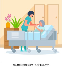 Nurse and patient. The doctor takes care of the patient. Patient support and care during illness. The doctor visits the person. Medical consultation. Help in treating the disease, hospital. 