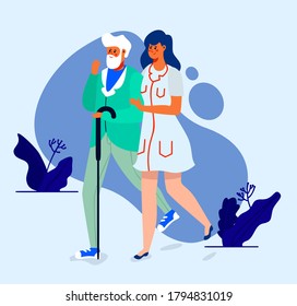 Nurse and patient. The doctor takes care of the patient. Patient support and care during illness. The doctor visits the person. Medical consultation. Help in treating the disease, hospital. 