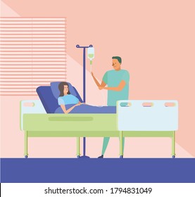 Nurse and patient. The doctor takes care of the patient. Patient support and care during illness. The doctor visits the person. Medical consultation. Help in treating the disease, hospital. 
