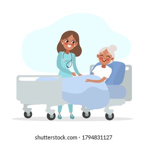 Nurse and patient. The doctor takes care of the patient. Patient support and care during illness. The doctor visits the person. Medical consultation. Help in treating the disease, hospital. 