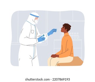 Nurse and patient during covid-19 rapid antigen test in clinic, medical laboratory. Nasal swab for coronavirus lab research, check. Flat graphic vector illustration isolated on white background