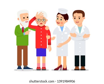 Nurse and patient. Elderly man supports sick woman who has a headache. Nearby are nurse and doctor. Medical examination. Health care, Medicine service concept. Illustration isolated in flat style.
