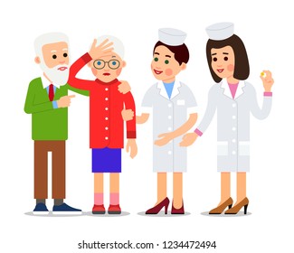 Nurse and patient. Elderly people, man and woman standing next to a doctor and nurse. Elderly woman with a headache. Illustration of people characters isolated on white background in flat style.
